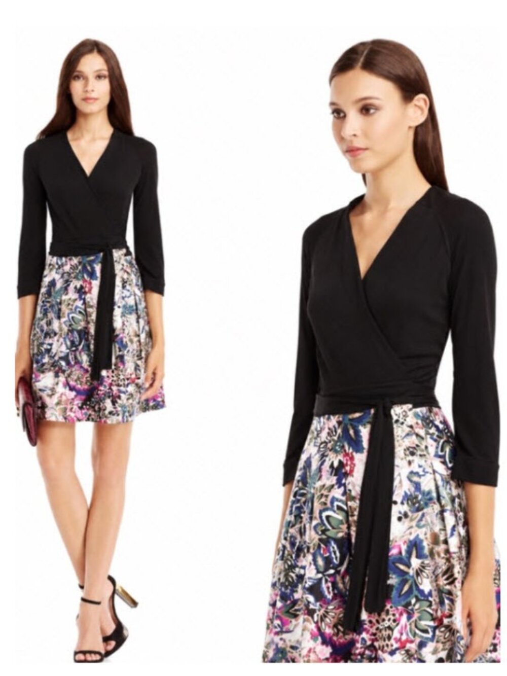 Diane von Furstenberg Jewel Silk Combo Wrap Dress Floral Black Size 6